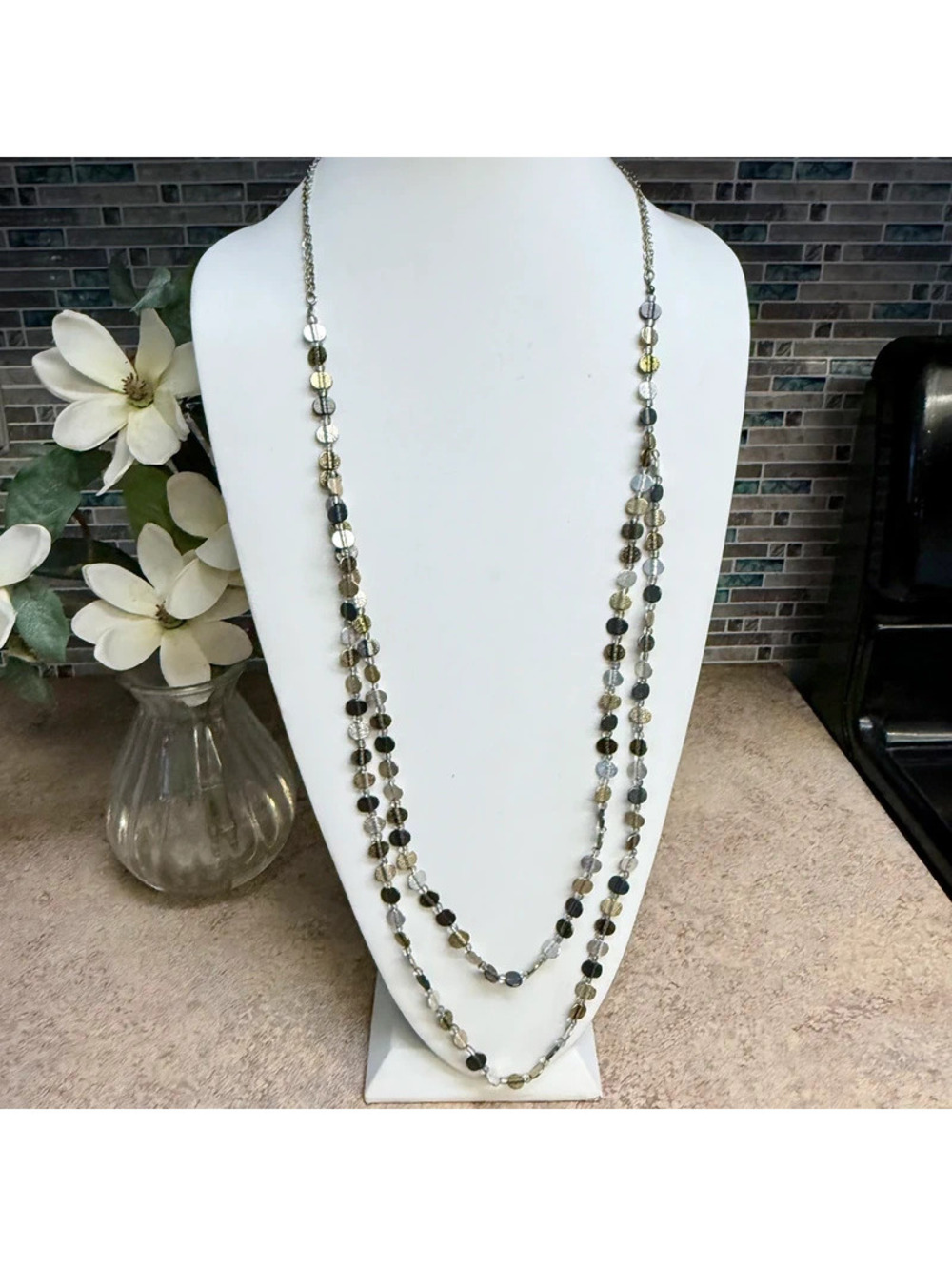 Chico's Long Multi Tone Coin Disc Beaded Necklace
